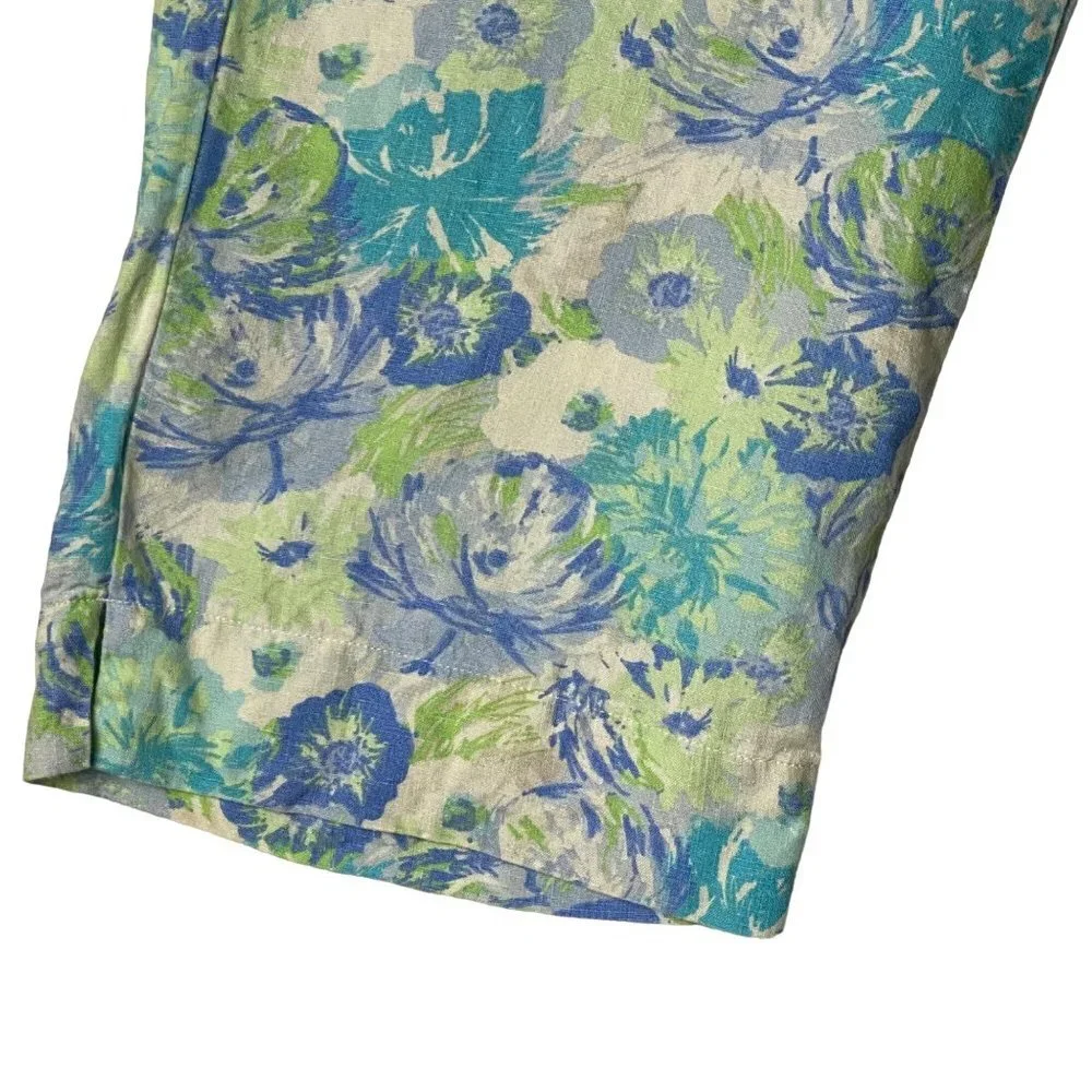 J. Jill Women 100%‎ Linen Green Blue Floral Cropped Pockets Pants Sz Large